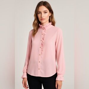 💗 J.Crew Pink Ruffle Neck Blouse | Romantic Coquette Top | Size 0